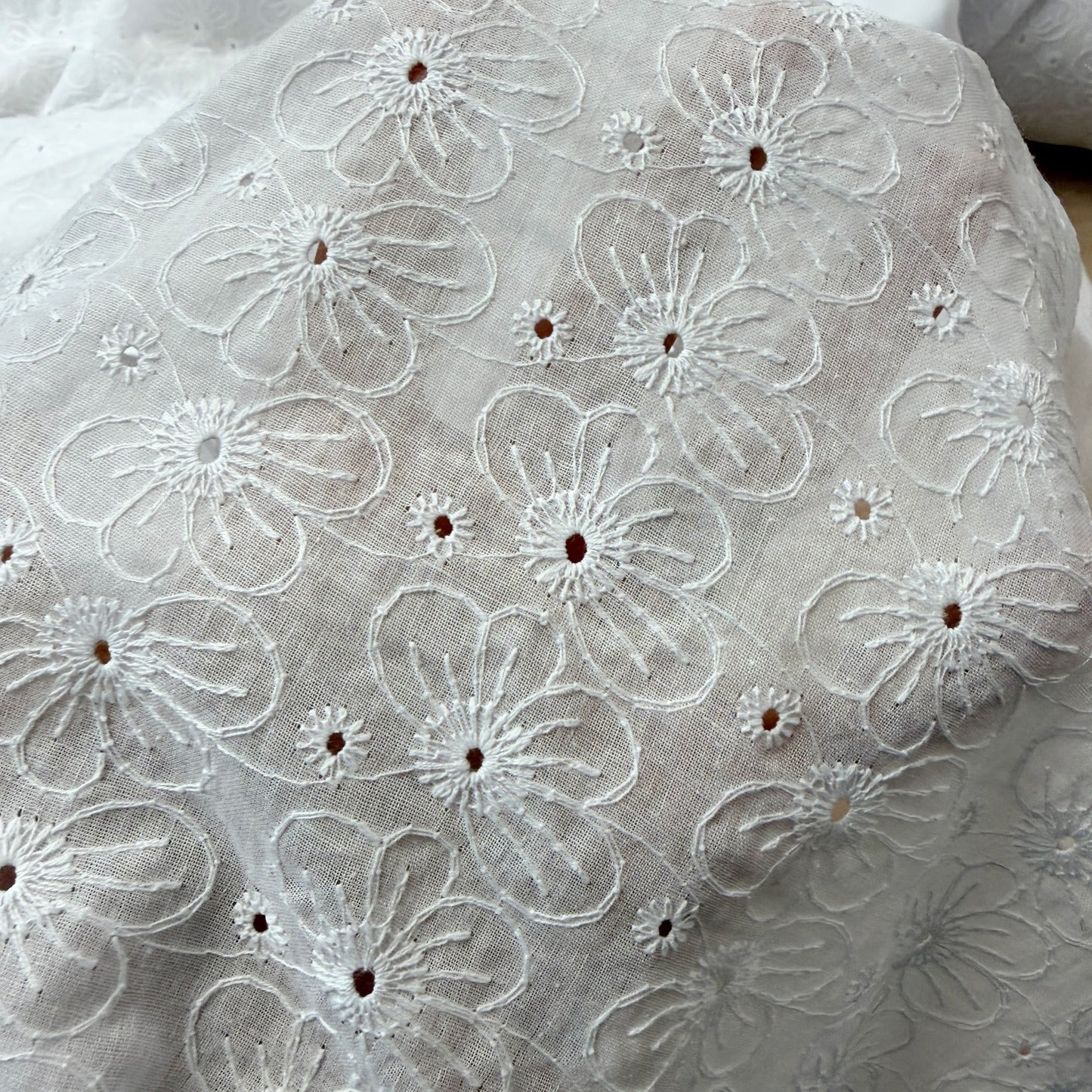 Embroidered Eyelet Cotton Voile - Medium Flowers - Ivory