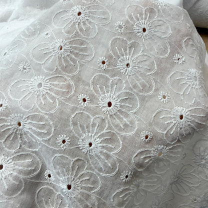Embroidered Eyelet Cotton Voile - Medium Flowers - Ivory