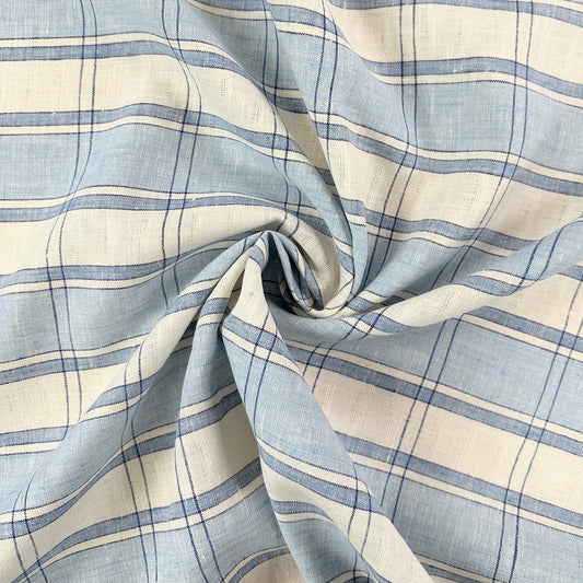 18" Remnant - Yarn Dyed 100% Linen Plaid - Blue & White Check - 59"