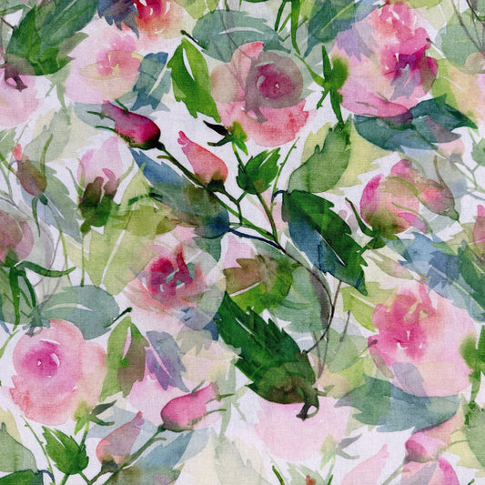 Linen Rayon Digital Print - Green & Pink Large Florals