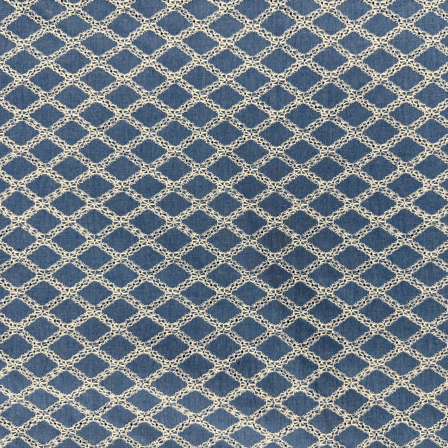 Cotton Embroidered Lattice Denim - Indigo