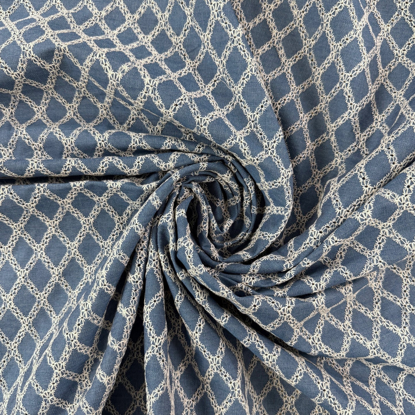 Cotton Embroidered Lattice Denim - Indigo
