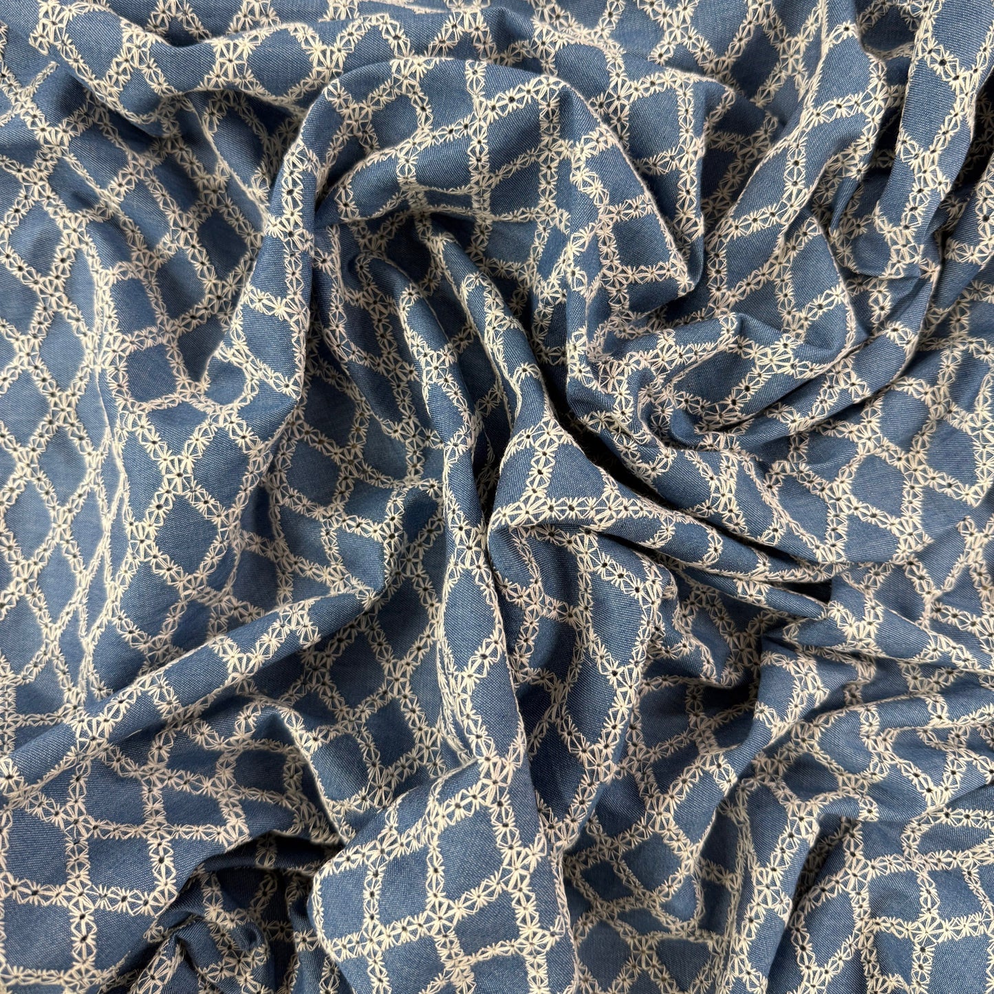Cotton Embroidered Lattice Denim - Indigo