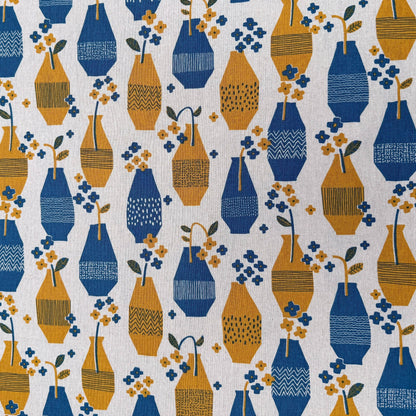 Cotton Linen Fabric - Blue & Yellow Vases -  Sevenberry - Handworks