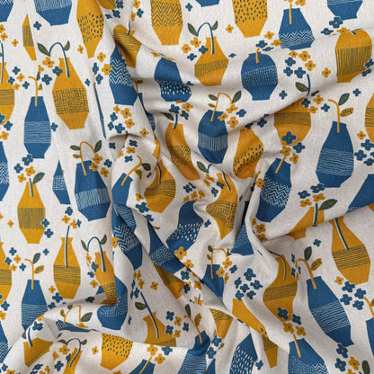 Cotton Linen Fabric - Blue & Yellow Vases -  Sevenberry - Handworks