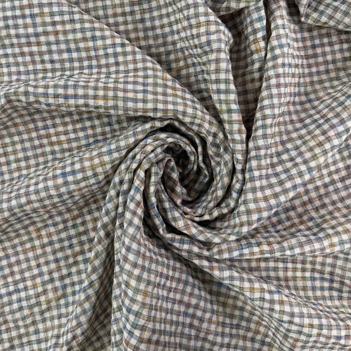 Yarn Dyed Cotton Linen Seersucker - Sage & Denim Plaid