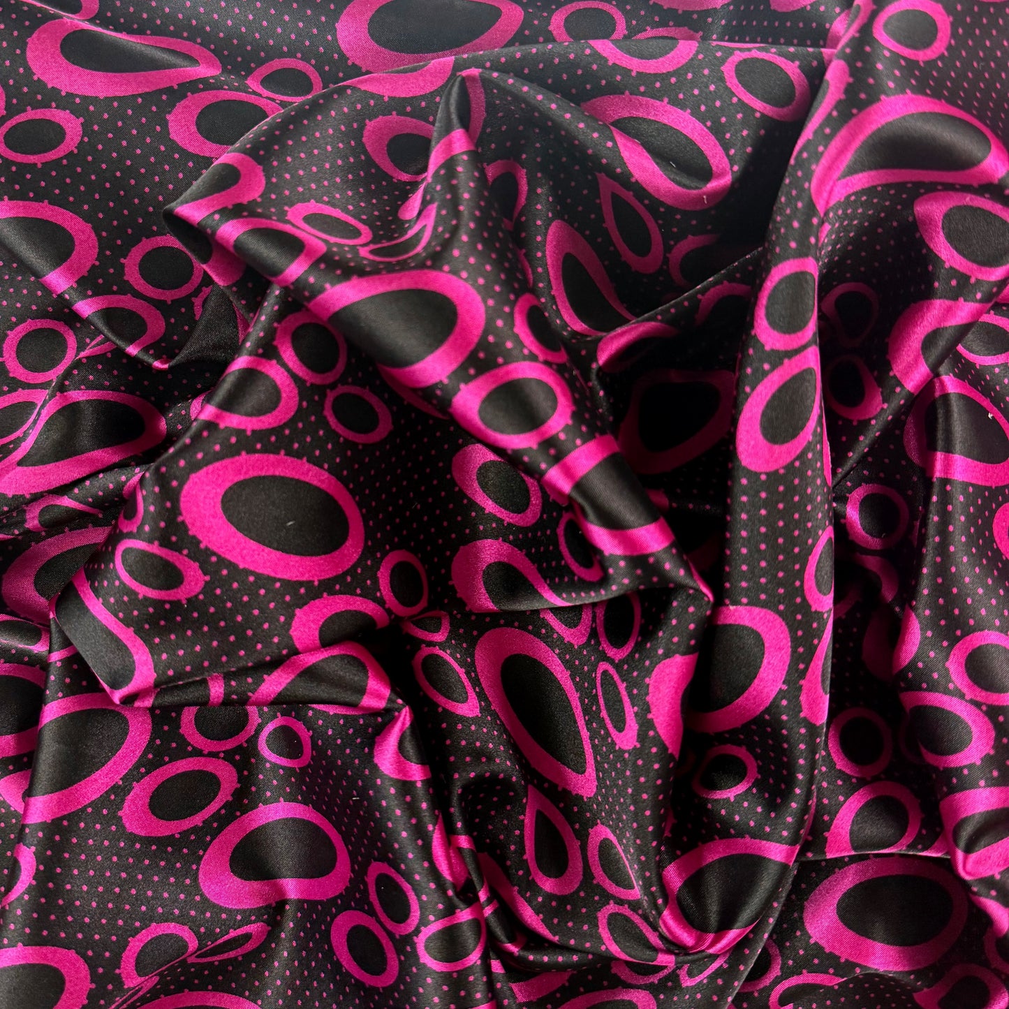 Stretch Polyester Satin  - Magenta & Black Circles - Deadstock