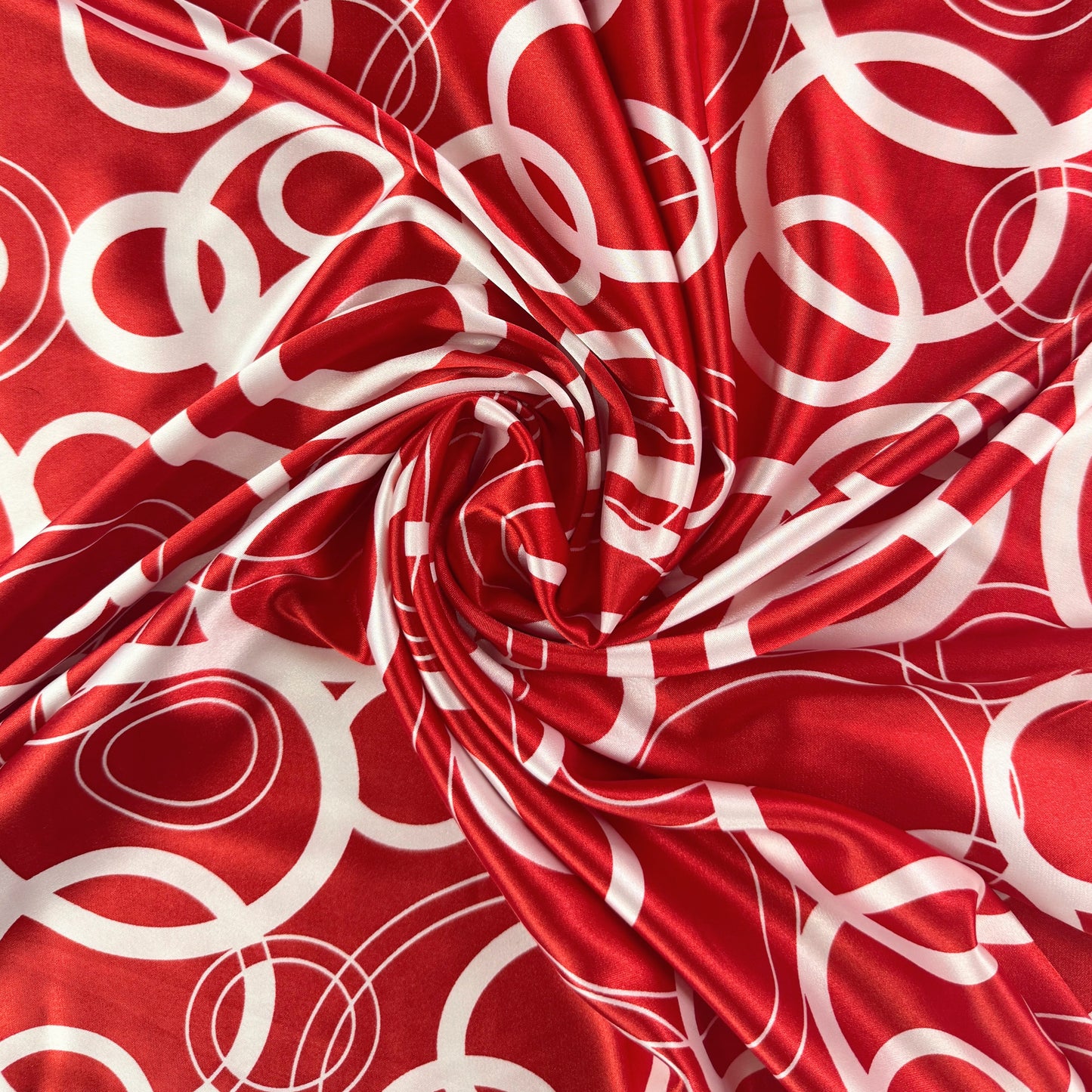 Stretch Polyester Satin  - White & Red Circles - Deadstock