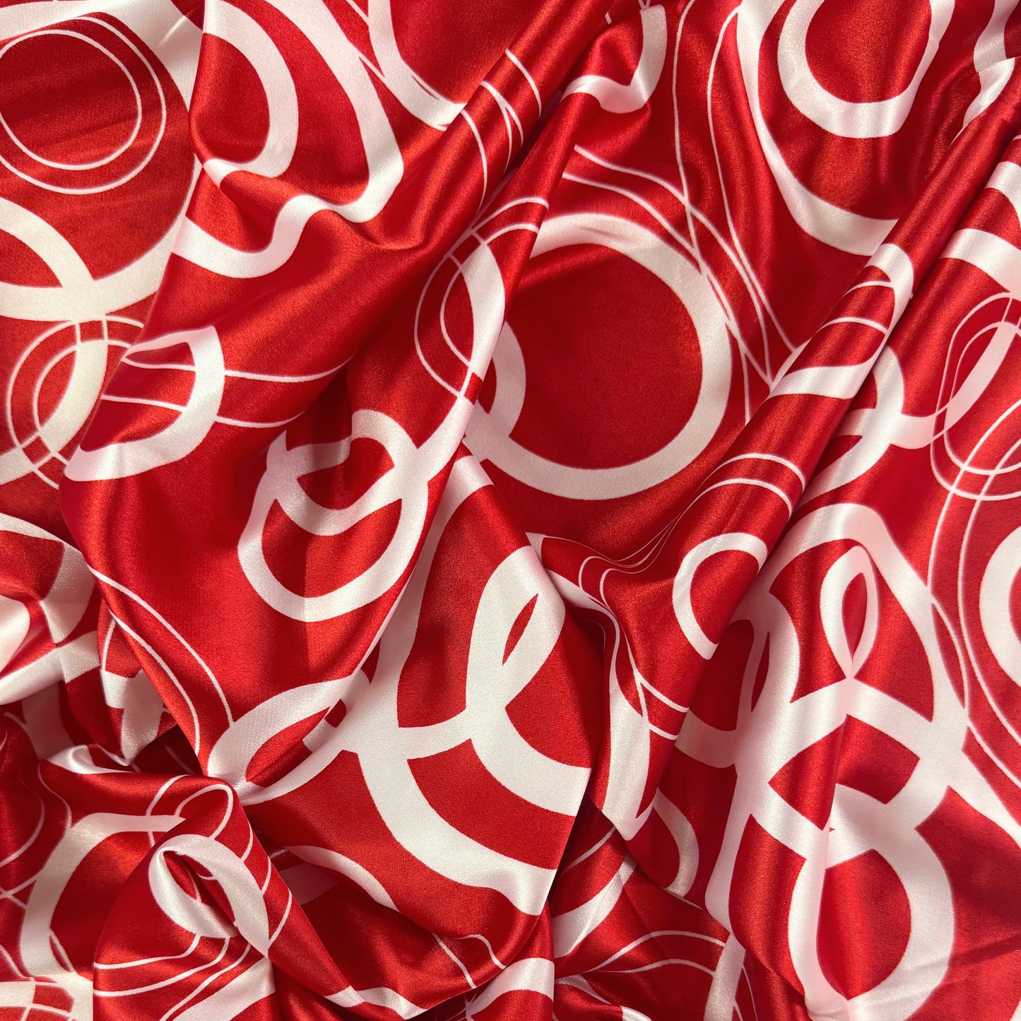 Stretch Polyester Satin  - White & Red Circles - Deadstock