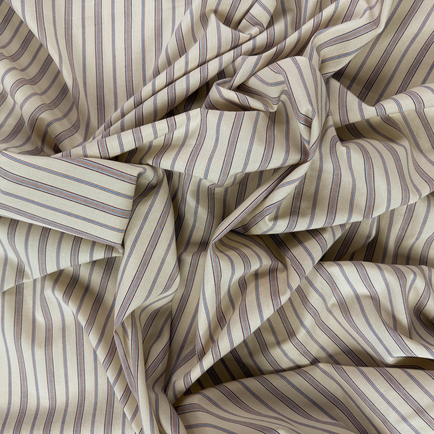 Yarn Dyed Cotton Shirting - Ivory, Blue & Red Stripe - Deadstock