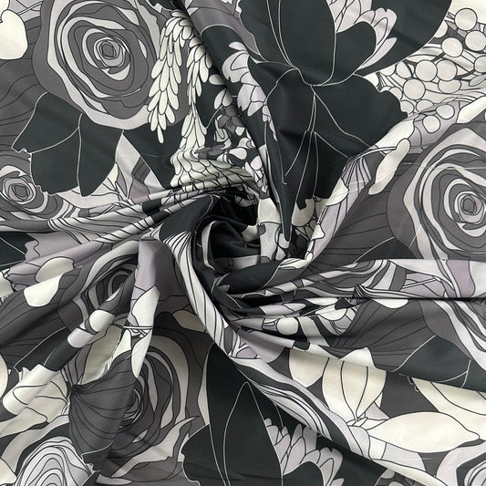 Charcoal Large Floral Print - Recycled Polyester Satin - Deadstock