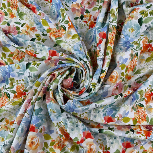Watercolour Florals - White, Blue & Multi - Linen Blend Slub