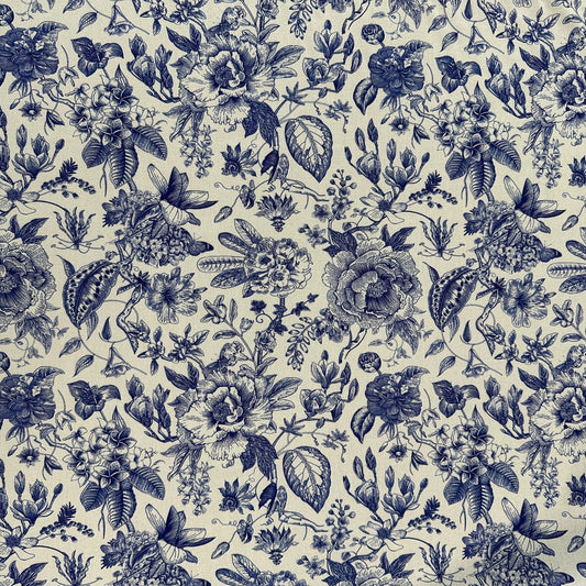 Porcelain Print - Blue & White -  Linen Blend Slub
