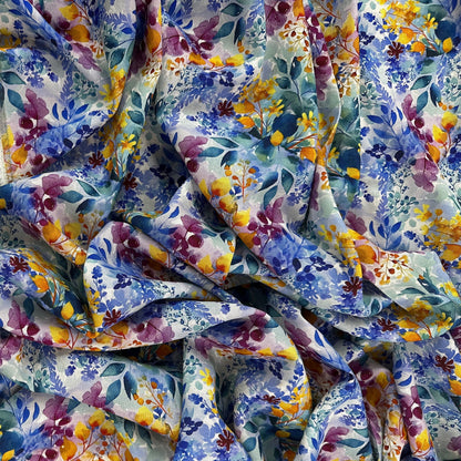 Watercolour Florals - Blue & Yellow -  Linen Blend Slub