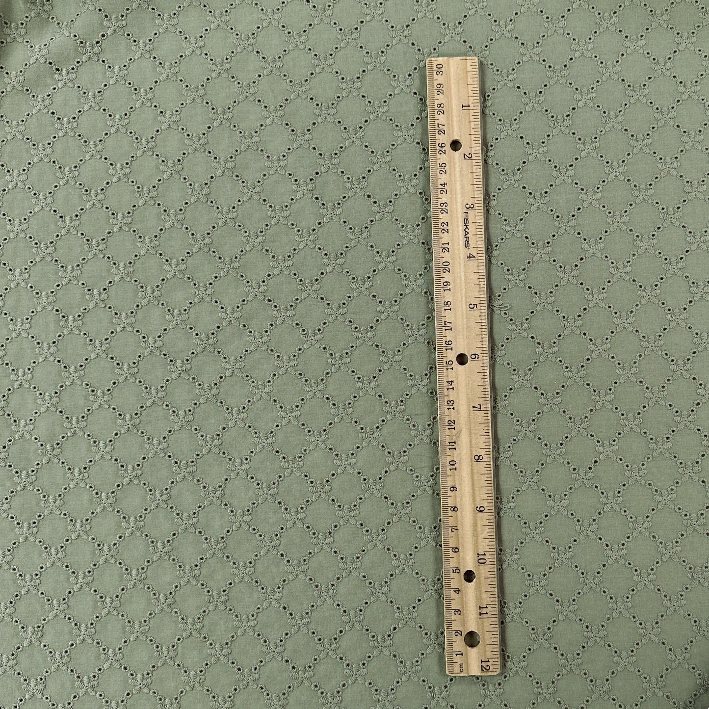 31" Remnant - Embroidered Eyelet Cotton Lawn - Geometric Floral - Sage