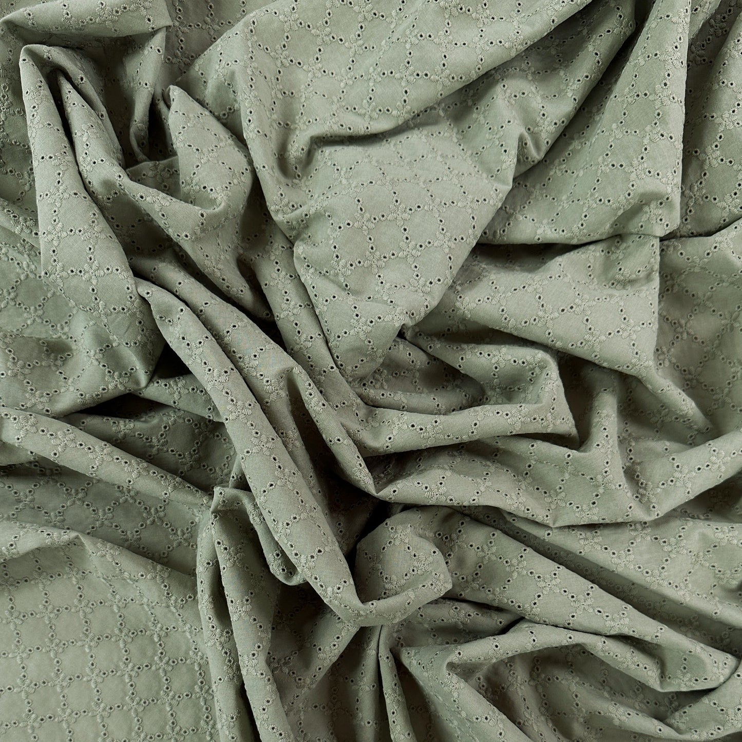 31" Remnant - Embroidered Eyelet Cotton Lawn - Geometric Floral - Sage