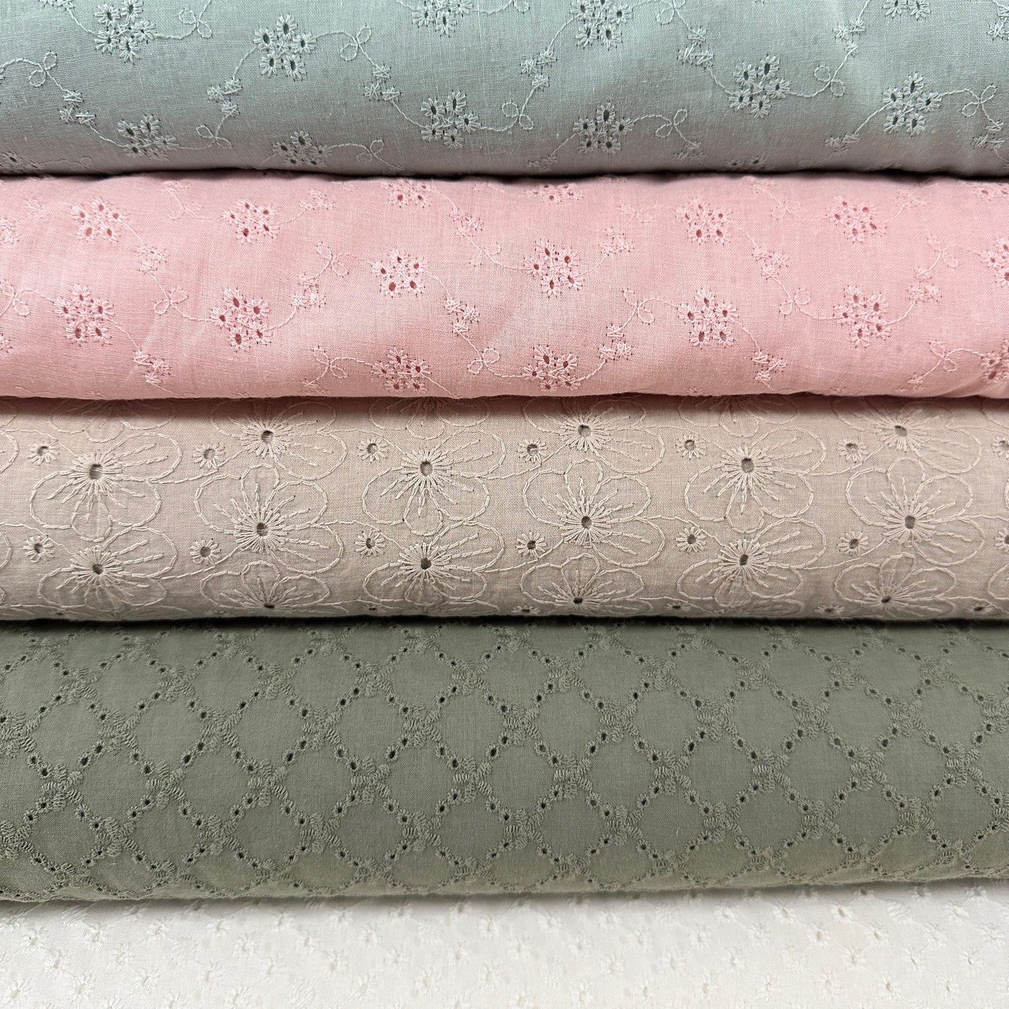 31" Remnant - Embroidered Eyelet Cotton Lawn - Geometric Floral - Sage