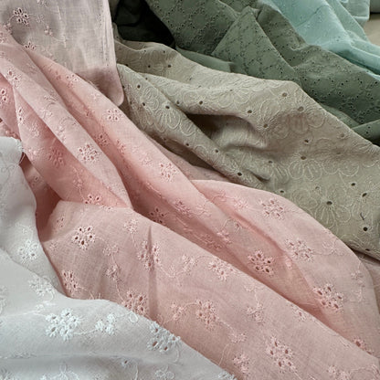 31" Remnant - Embroidered Eyelet Cotton Lawn - Geometric Floral - Sage