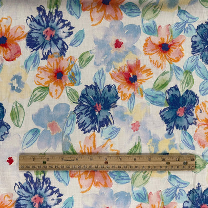 White & Blue Floral  - Viscose Rayon Stretch Slub