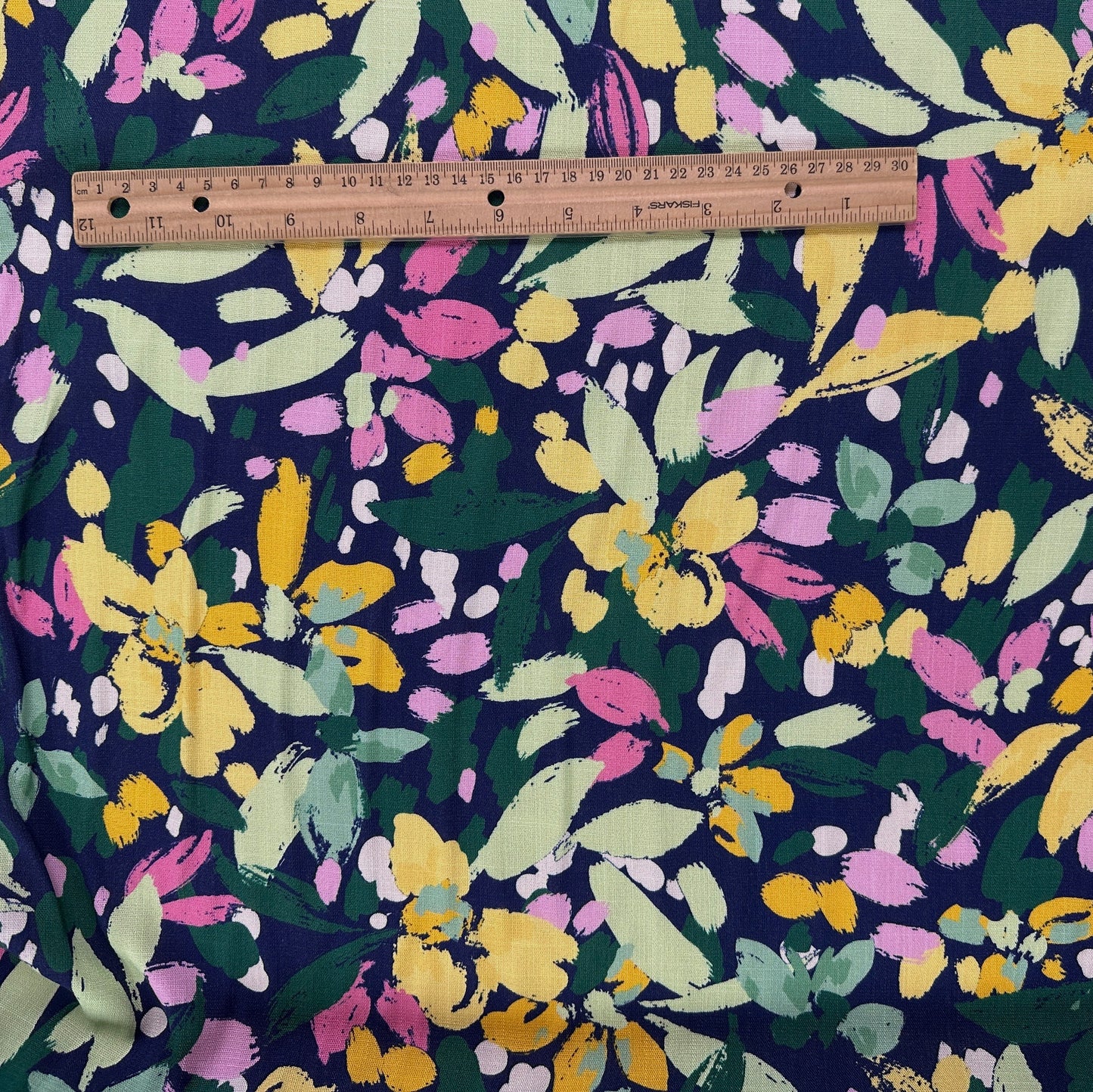 Navy & Yellow Abstract Floral  - Viscose Rayon Stretch Slub