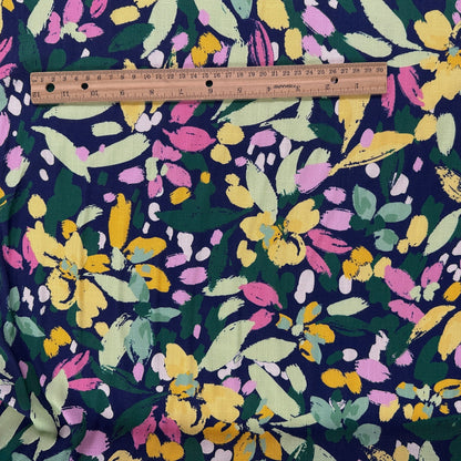 Navy & Yellow Abstract Floral  - Viscose Rayon Stretch Slub