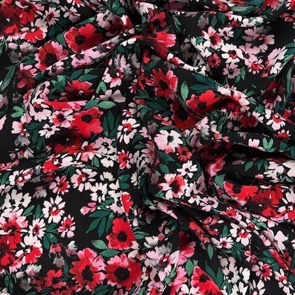 Black & Red & Pink Floral - Rayon Challis