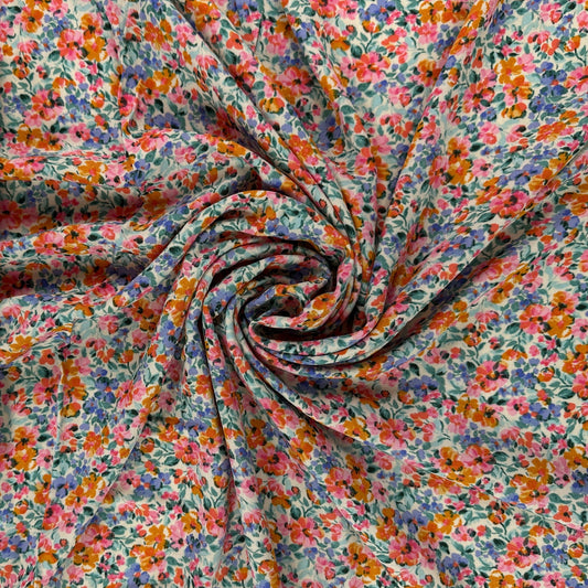 Pink & Orange Ditsy Floral - Rayon Challis