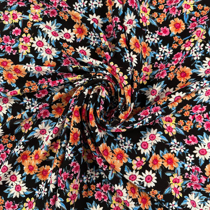 Black & Coral Floral - Viscose Rayon Crepon