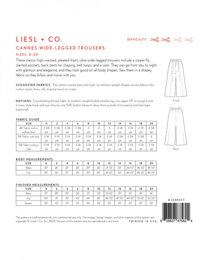 Liesl + Co - Cannes Wide Legged Trousers Sewing Pattern