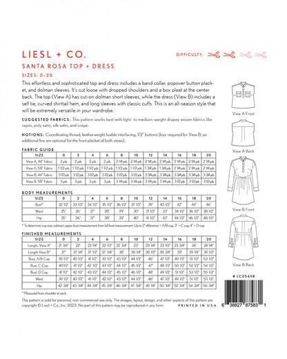 Liesl + Co - Santa Rosa Top & Dress Sewing Pattern