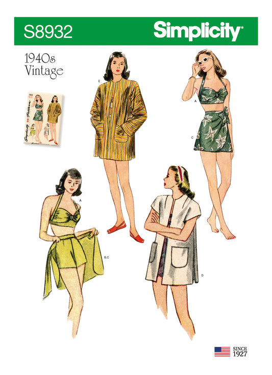 Simplicity - 1940s Misses' Vintage Bikini Top, Shorts, Wrap, Skirt and Coat