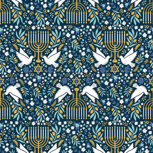 Navy Blue - Happy Hanukkah Digital Menorahs - Quilting Cotton