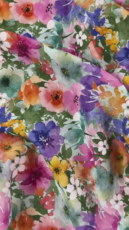 Watercolour Florals - Green, Pink & Orange -  Linen Blend Slub