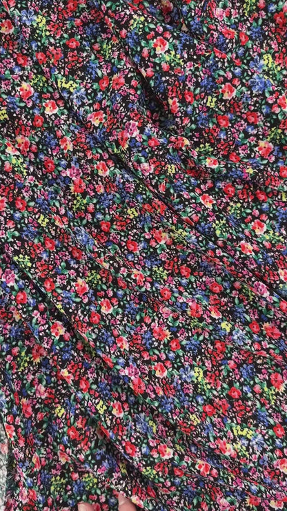 Red & Black Ditsy Floral  - Viscose Rayon Crepon