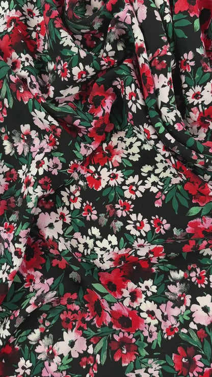 Black & Red & Pink Floral - Rayon Challis