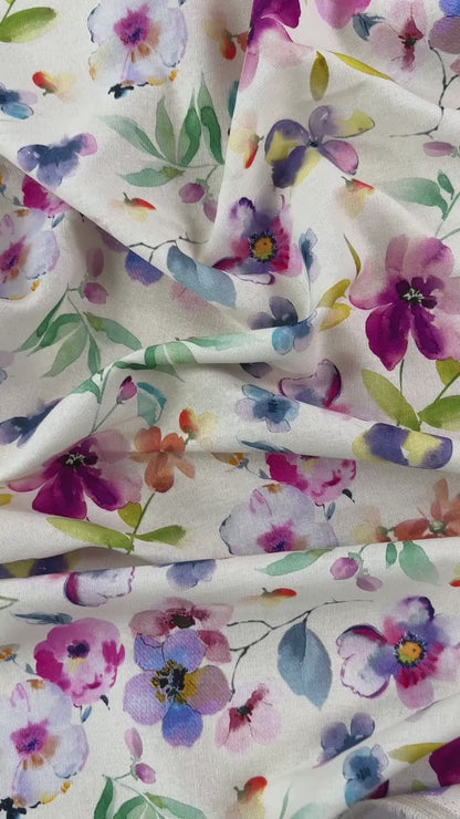 Watercolour Florals - Purple, Blue & Ivory -  Linen Blend Slub