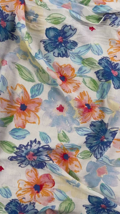 White & Blue Floral  - Viscose Rayon Stretch Slub