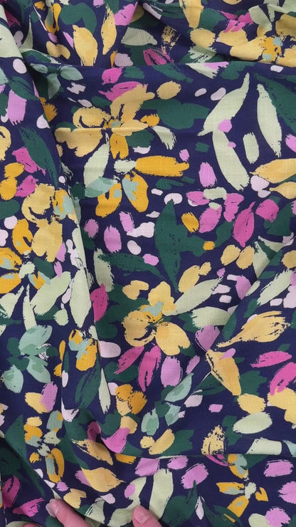 Navy & Yellow Abstract Floral  - Viscose Rayon Stretch Slub
