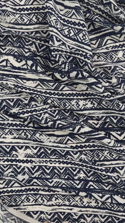 White & Navy Batik - Viscose Rayon Crepon