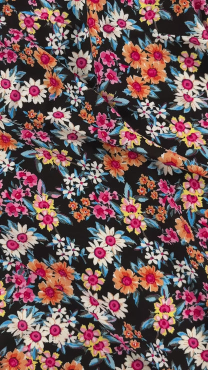 Black & Coral Floral - Viscose Rayon Crepon