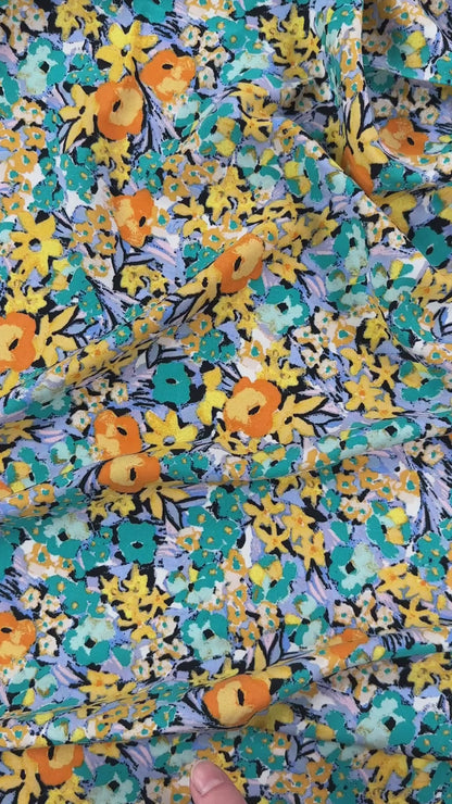 Abstract Floral - Turquoise & Orange - Rayon Challis