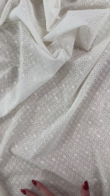 Embroidered Eyelet Cotton Voile - Delicate Geometric Starburst - Ivory