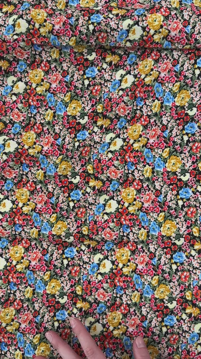Yellow & Black Floral  - Viscose Rayon Crepon