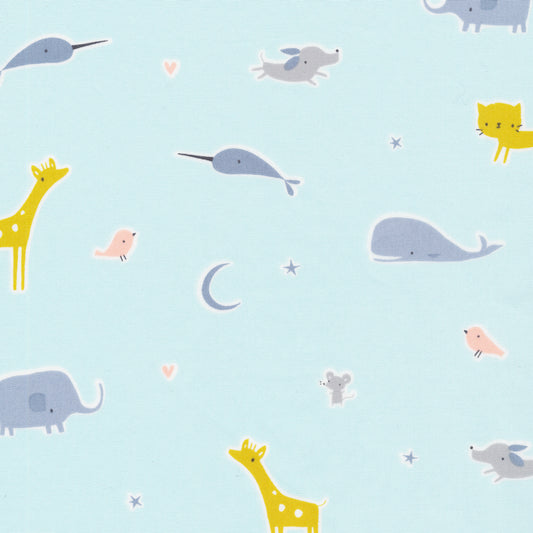 Organic Cotton Sheeting - Tout Petit Deux - Blue Animals Whale & Giraffes - GOTS