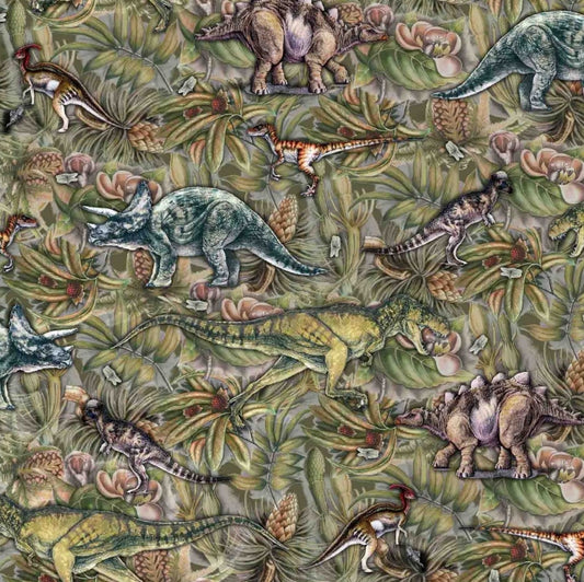 Dinosaur World - Dark Green - Digital Print - GOTS Certified Organic Cotton Euro Jersey Knit