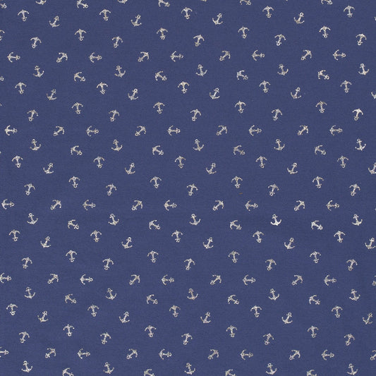 Anchors - Metallic Ink on Navy Base cloth - European Import Cotton Jersey Knit