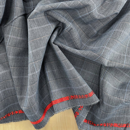 Superfine Merino Wool Suiting - Blue Grey Checks - Made In England - Deadstock