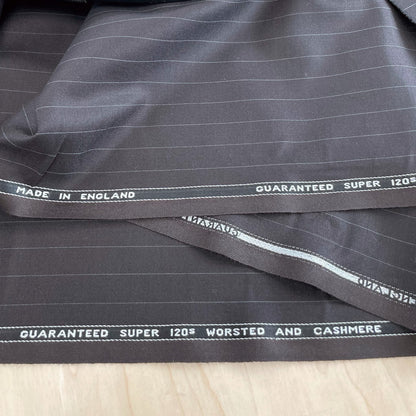 Super 120s Superfine Merino & Cashmere Wool Suiting - Black Striped - Made In England - Deadstock