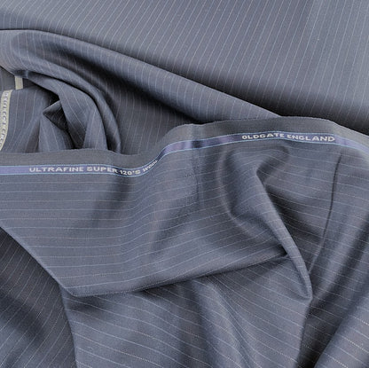 Super 120s Merino Wool Suiting - Pinstripe Blackish Blue - Made In England - Deadstock