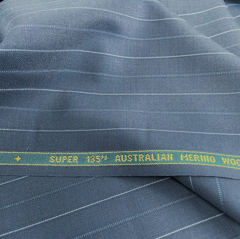 Super 135s Australian Merino Wool Suiting - Pinstripe Darkest Navy - Made In England - Deadstock